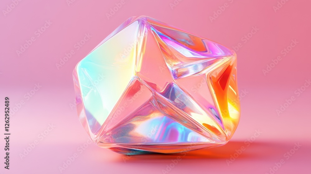 Poster abstract iridescent holographic curved lines on a pastel pink background. modern 3d rendering illust