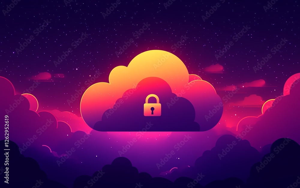 Poster a modern digital visualization of cloud security, featuring a stylized cloud icon merged with a padl