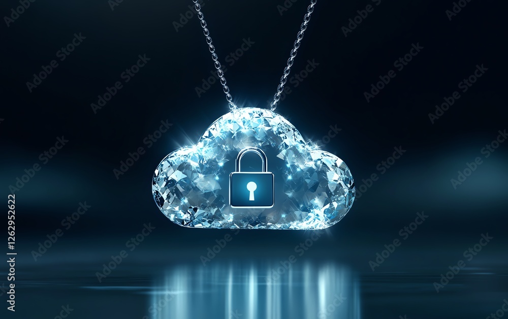 Poster a modern digital visualization of cloud security, featuring a stylized cloud icon merged with a padl