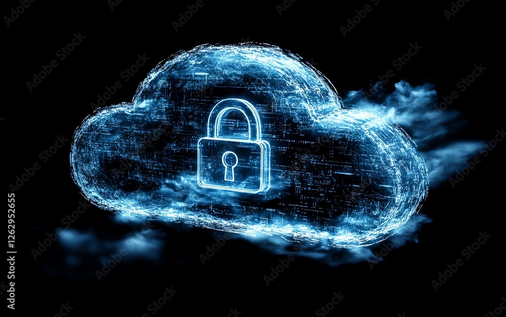 Poster a modern digital visualization of cloud security, featuring a stylized cloud icon merged with a padl