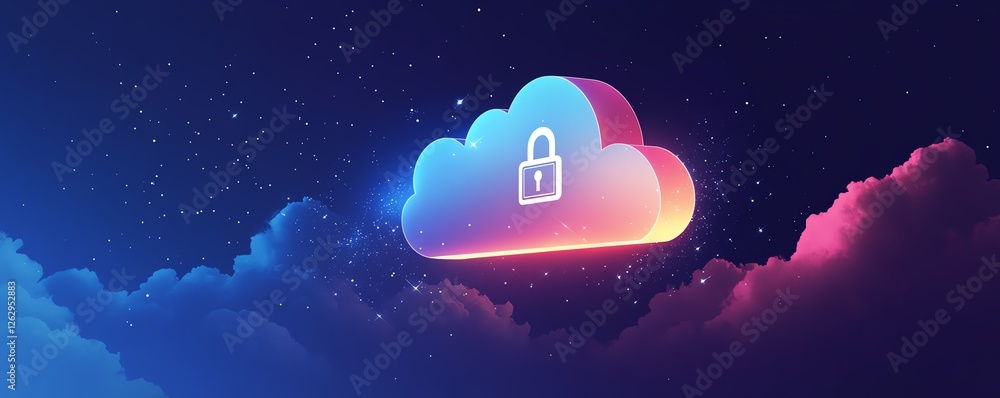 Poster a modern illustration of cloud security, combining a stylized cloud icon and a secure padlock symbol