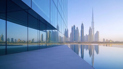 Fototapeta premium Modern Glass Building Reflecting Dubai Skyline