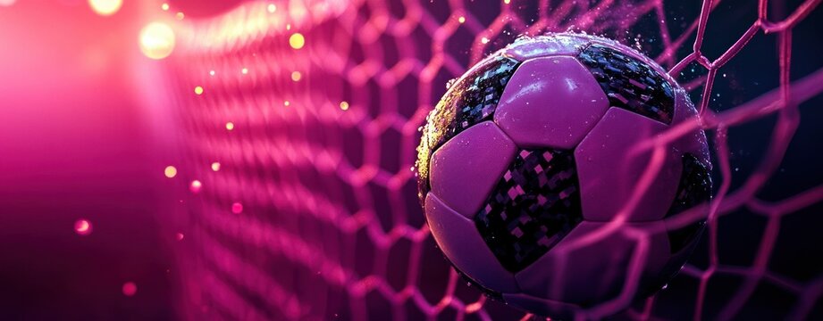 Soccer Ball Hitting the Net in Surrealist Style with Pink Purple Lighting