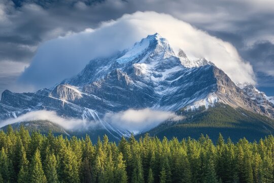 Majestic snow-capped peak shrouded in dramatic clouds, overlooking a dense evergreen forest. - Powered by Adobe