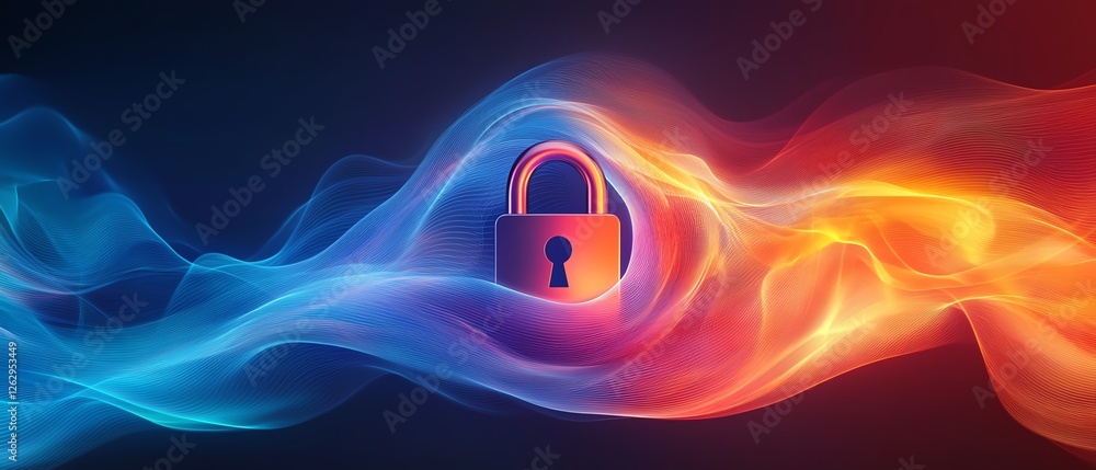 Poster a sleek, abstract cloud security concept with a padlock symbol intertwined with a stylized cloud, re