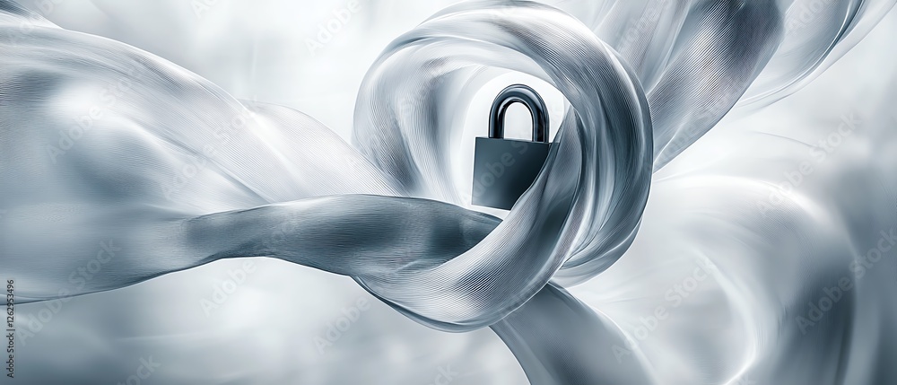 Poster a sleek, abstract cloud security concept with a padlock symbol intertwined with a stylized cloud, re