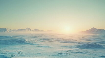 Serene Winter Landscape with Soft Sunrise over Snowy Mountains