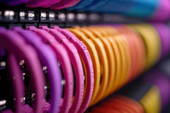 Colorful network cables in rack.  Close-up view of colorful network cables neatly organized in a server rack. Suitable for technology articles or presentations
