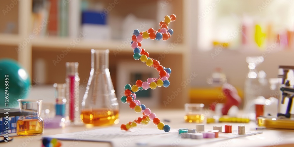 Poster intricate dna double helix model surrounded by lab equipment and research notes, highlighting the es