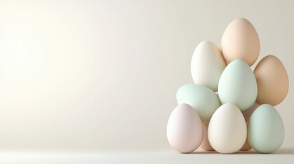 Fototapeta premium Easter, a stack of pastel - colored Easter eggs on a light - colored background, ideal for Easter decorations and as wallpaper.