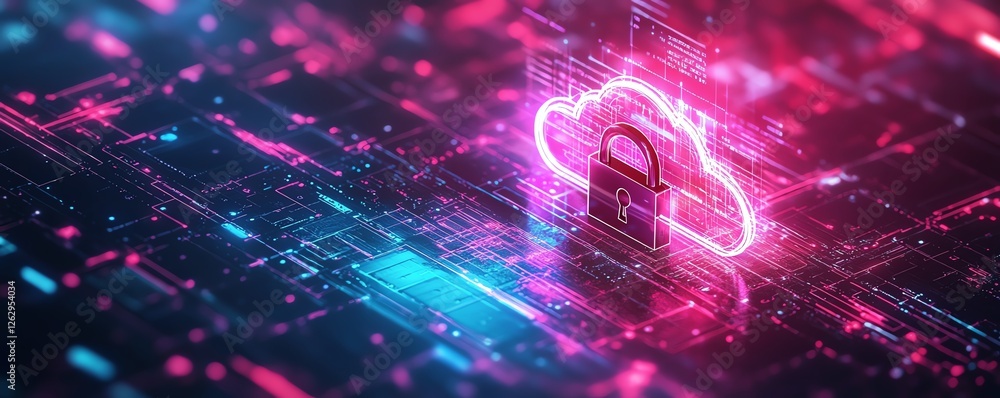 Poster an abstract representation of cloud security, with a cloud icon and secure padlock integrated into a