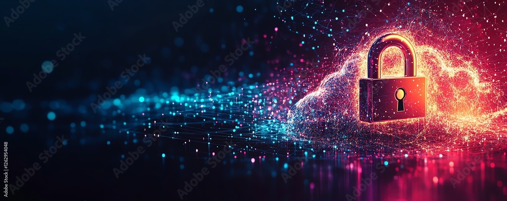 Poster an abstract representation of cloud security, with a cloud icon and secure padlock integrated into a