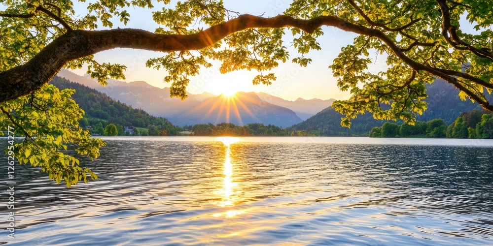 Poster line connection over a calm mountain lake at dusk, gentle ripples on water, silhouettes of trees fra