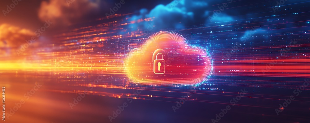 Poster an innovative cloud security concept, featuring an abstract cloud icon and a secure padlock symbol, 