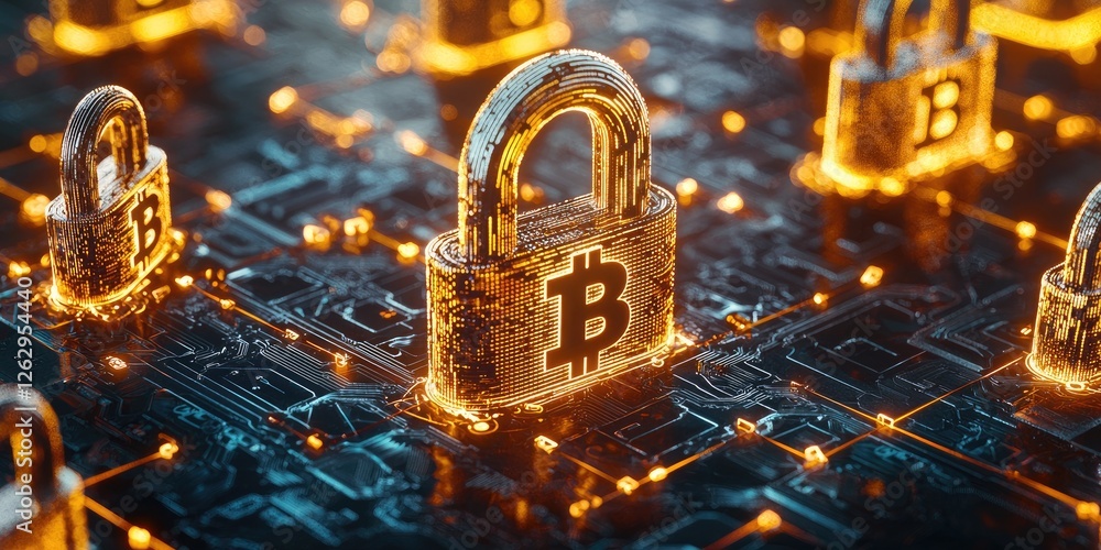 Poster secure transactions in a blockchain network depicted with glowing digital locks and currency symbols