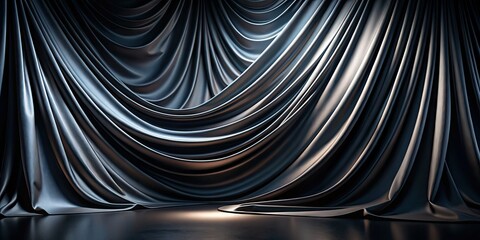 Drone photography captures dramatic folds of 3D black cloth; deep shadows and luxurious texture create a dark, opulent scene.
