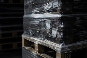 pallets being wrapped in a warehouse before shipment black background