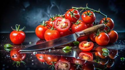 Knife, sliced tomatoes, a dark double exposure.