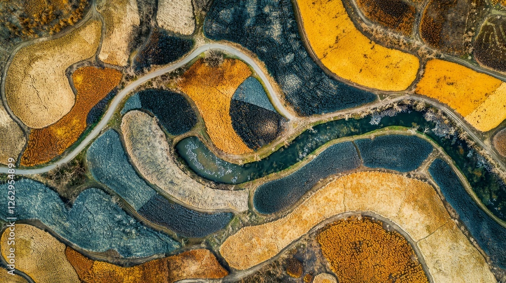 Aufkleber aerial view of colorful fields with patterns and river flowing