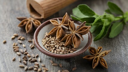 Anise sprigs and seeds in a small bowl.