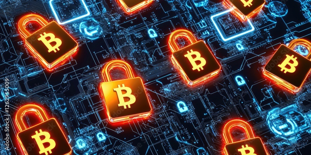 Poster secure transactions in a blockchain network depicted with glowing digital locks and currency symbols