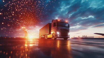 Container truck in ship port for business Logistics and transportation of Container Cargo ship and Cargo plane with working crane bridge in shipyard at sunrise, logistic import export and transport