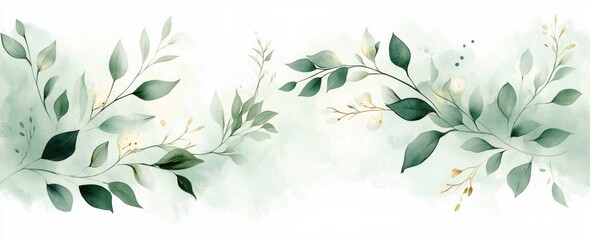Botanical Watercolor Illustration of Green and Gold Leaves Organic Floral Design for Wedding Invitation and Greeting Card