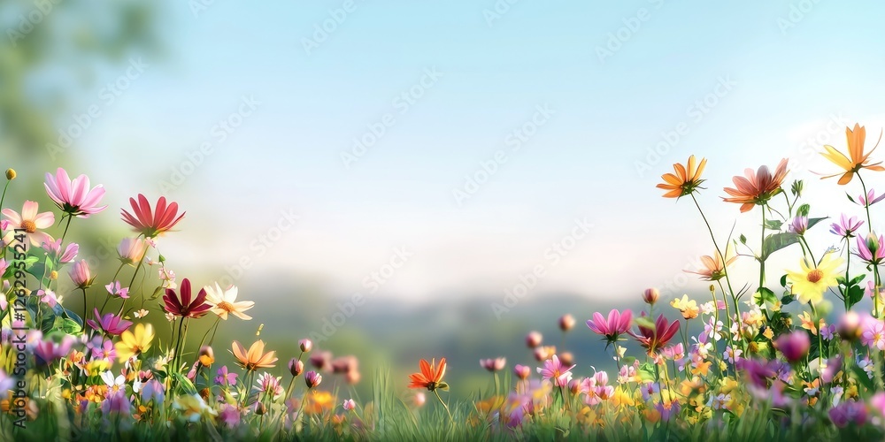 Poster line connection through a meadow of wildflowers, soft breeze creating gentle movement, with distant hills under a clear blue sky