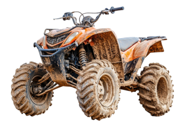 A dirty orange atv with mud on it. ,on transparent background.