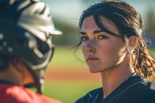 Athlete softball female player intense gaze, woman focused on field with opposing catcher in background during high-intensity sports match