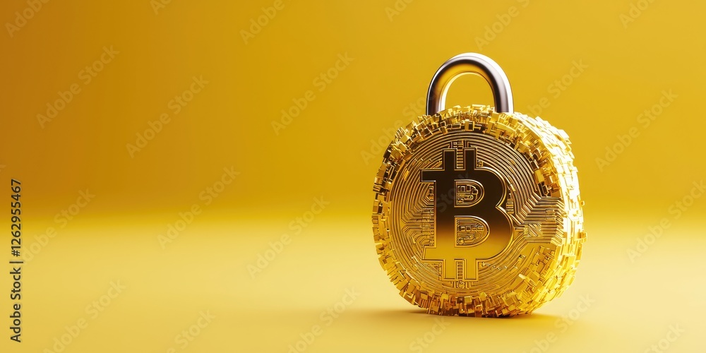 Poster Blockchain technology and smart contracts in financial services with a digital padlock symbolizing data integrity on a neutral background