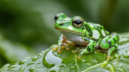 Fototapeta premium Vibrant Green Frog Perched on Dewy Leaf