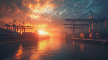 Fototapeta premium Container truck in ship port for business Logistics and transportation of Container Cargo ship and Cargo plane with working crane bridge in shipyard at sunrise, logistic import export and transport