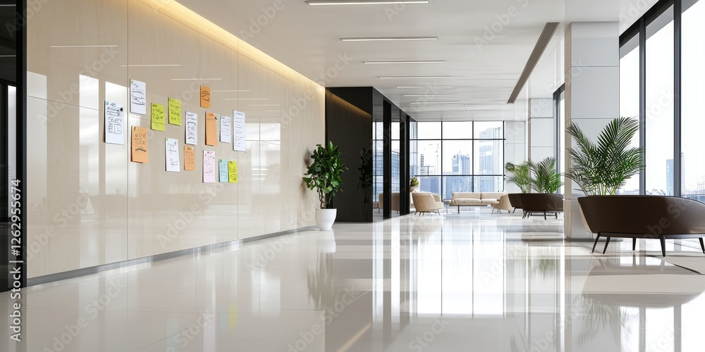 Poster creative collaboration in a modern office space showcasing entrepreneurship with post-it notes and s