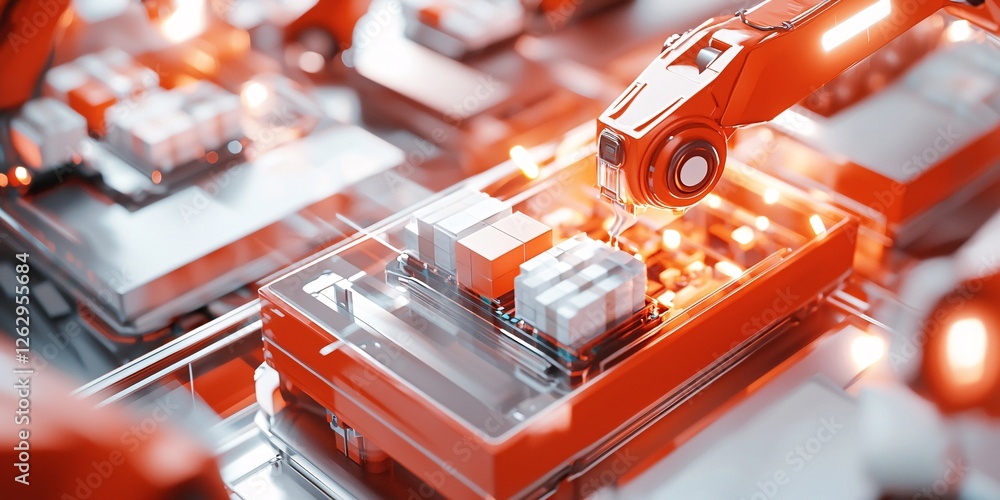 Poster e-commerce growth and online shopping concept. futuristic automation in robotics technology factory