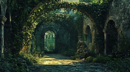 Obraz premium Abandoned Nature Trail with Lush Greenery and Archway Ruins