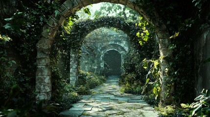 Serene Overgrown Pathway Through Ancient Stone Arches in Nature