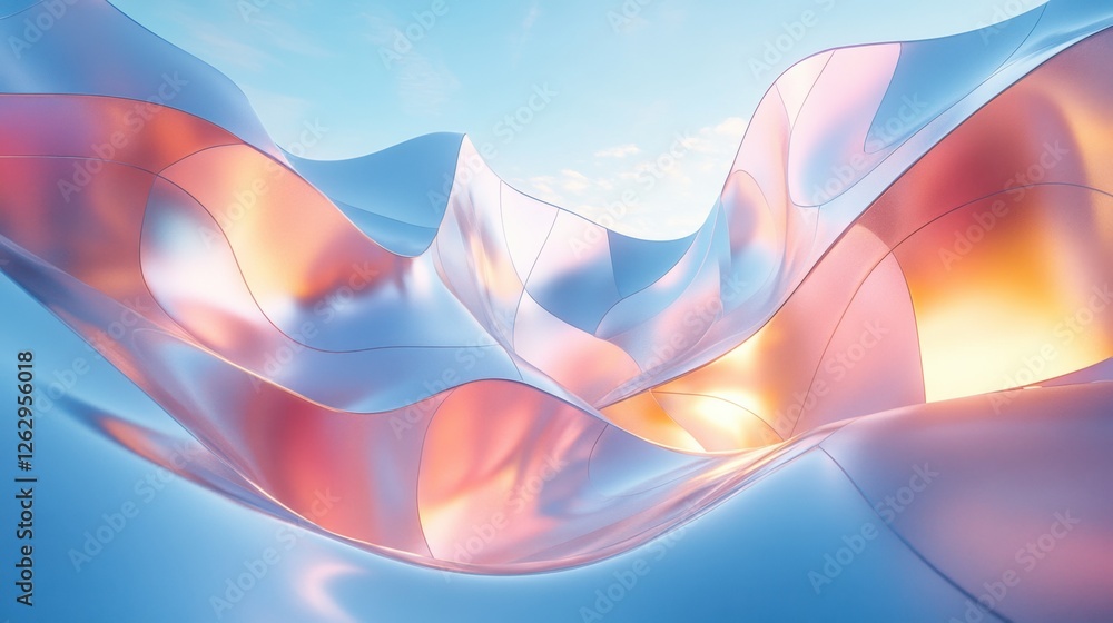 Aufkleber abstract iridescent holographic curved lines on a sky blue background. modern 3d rendering illustrat