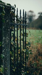 Overgrown Spiked Gate Surrounded by Lush Greenery in Foggy Landscape