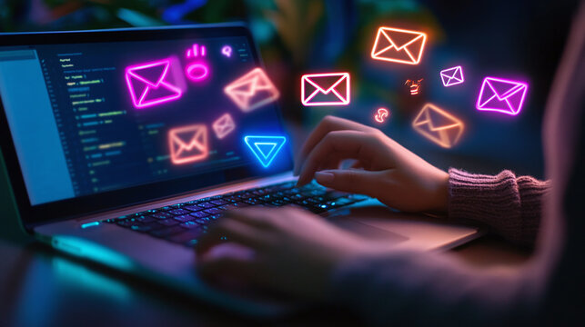 A digital marketing expert setting up an email marketing campaign, with data-driven insights and performance metrics displayed