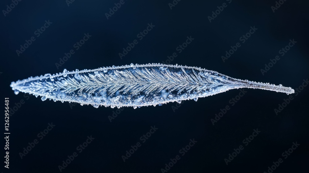 Poster frosted leaf with intricate ice crystal patterns on dark background