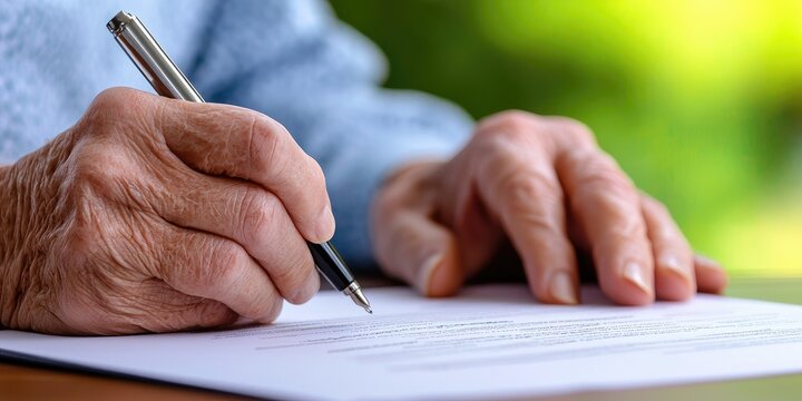 close-up of hands signing a life assurance policy document, emphasizing beneficiary support with a soft-focus neutral background
