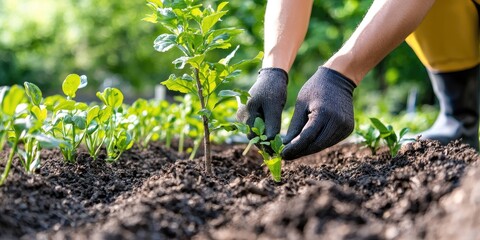 Sustainability efforts showcased with hands planting a tree surrounded by eco-friendly materials, soft-focus urban background