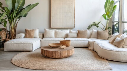 Serene Coastal Living Room with Curved Sectional Sofa and Natural Decor