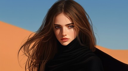 Fototapeta premium Girl gazing into the distance while standing on sand dunes at sunset