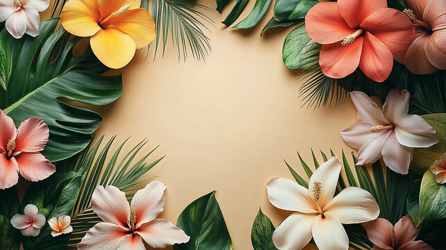 Tropical wedding invitation with colorful hibiscus flowers and lush leaves - Powered by Adobe