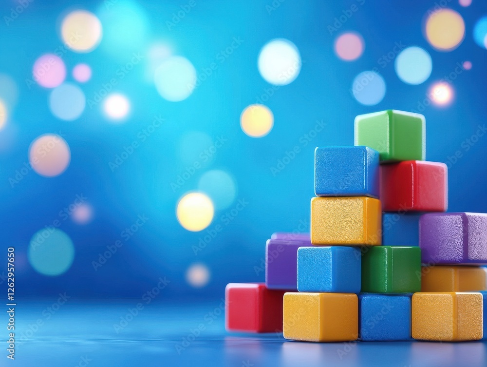 Poster colorful building blocks are stacked against a vibrant blue background with soft bokeh lights, creat