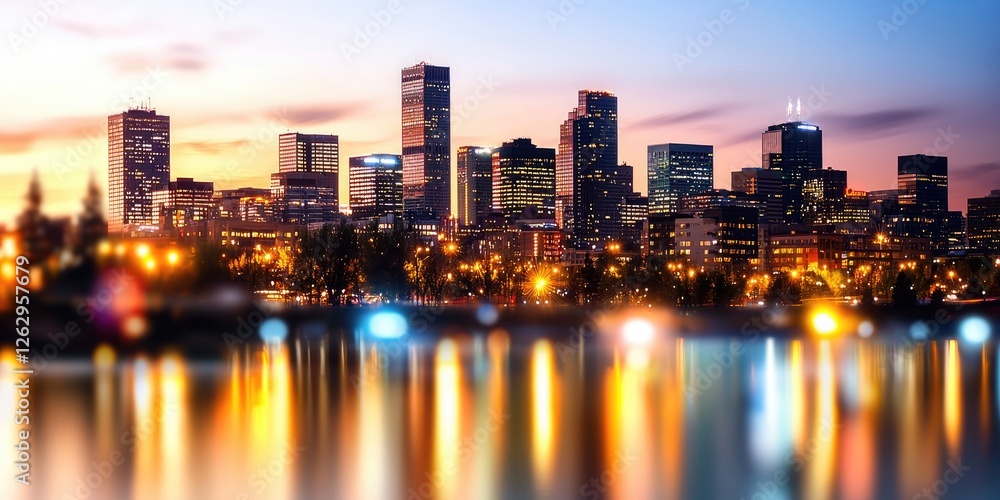 Poster line connection weaving through a vibrant urban skyline illuminated by evening lights, showcasing a 
