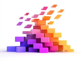 A colorful stack of blocks in gradient hues of purple, pink, and orange, arranged in a dynamic, playful structure against a white background.