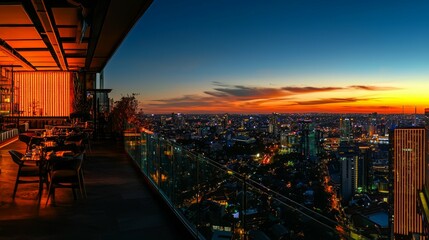 Fototapeta premium Rooftop Restaurant with City Skyline at Sunset Overlooking Urban Area